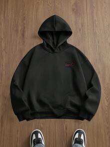 Manfinity VCAY 男士简约印花长袖连帽衫 - 黑色 - 查看 2