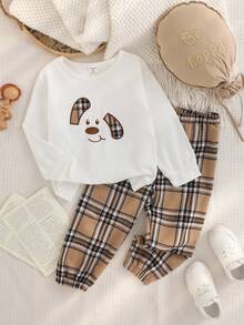 SHEIN 男婴休闲宽松圆领可爱卡通小狗印花长袖针织卫衣+宽松格子裤两件套，秋冬款 - 黑色 - 查看 8