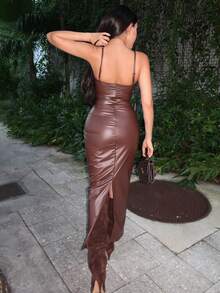 Durrani Popal Autumn/Winter Solid Brown/Coffee PU Leather Sexy Minimalist Bustier Corset Bodysuit, Fitted Long Strap Dress Suitable For Cocktail Party, Romantic Date, Layering Dress, Party, Nightclub, Halloween, Christmas - Coffee Brown - View 2