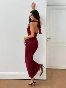 SHEIN PETITE 女士纯色网纱垂褶领优雅约会连衣裙，长款连衣裙，度假风，适合秋冬季节穿着 - 酒紅色 - 查看 3