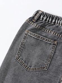 SHEIN ChillGRL Doodle Distressed Wide Leg Jeans, Loose Straight Leg Pants For Teenage Tween Girl - Light Grey - View 3