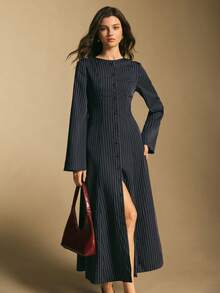 Poéselle 女士优雅条纹长袖中长连衣裙 - 灰色 - 查看 1