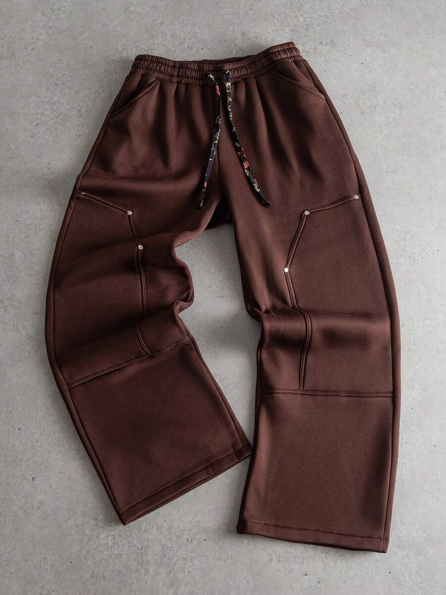 Manfinity Roghcode Men's Dark Brown Sweatpants,Summer Streetwear Work Long Pants,INS High Street Hip Hop Y2K,Asymmetric Drawstring Casual Trending Daily Wear Gift - Brown - View 1