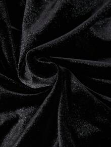 SHEIN ChillGRL Streecool Kids/Teens Girls' Vintage Velvet & Chiffon Puff Sleeve Dress,Black And White,Autumn,Elegant,Party Ruffle Collar Shirt Dress,Back To School - Black - View 3