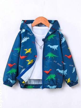 SHEIN Fantacosmos 年轻男孩恐龙与字母印花长袖拉链连帽休闲夹克