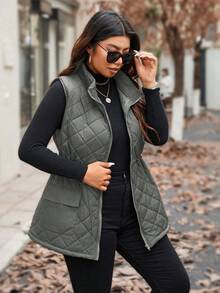 Calvaya Áo vest không tay đệm bông cỡ lớn cho nữ có khóa kéo, phong cách thường ngày, quần áo mùa đông - Màu xám đen - Xem 6