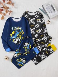 Spring/Autumn Football Element Pajama Set For Teen Boys Flame Football, Trophy Football Allover Print Snug Fit Sleepwear Set For Teen Boys, Comfortable Long Sleeve And Long Pants Casual Homewear 2 Pieces Set - Multicolor - View 10