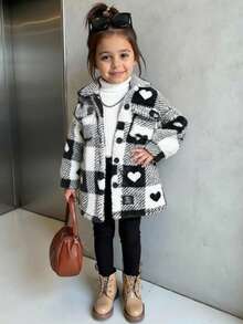 3件套女童休闲格子双面抓绒保暖中长外套、长袖针织上衣和打底裤，儿童冬季套装 - 黑與白 - 查看 5