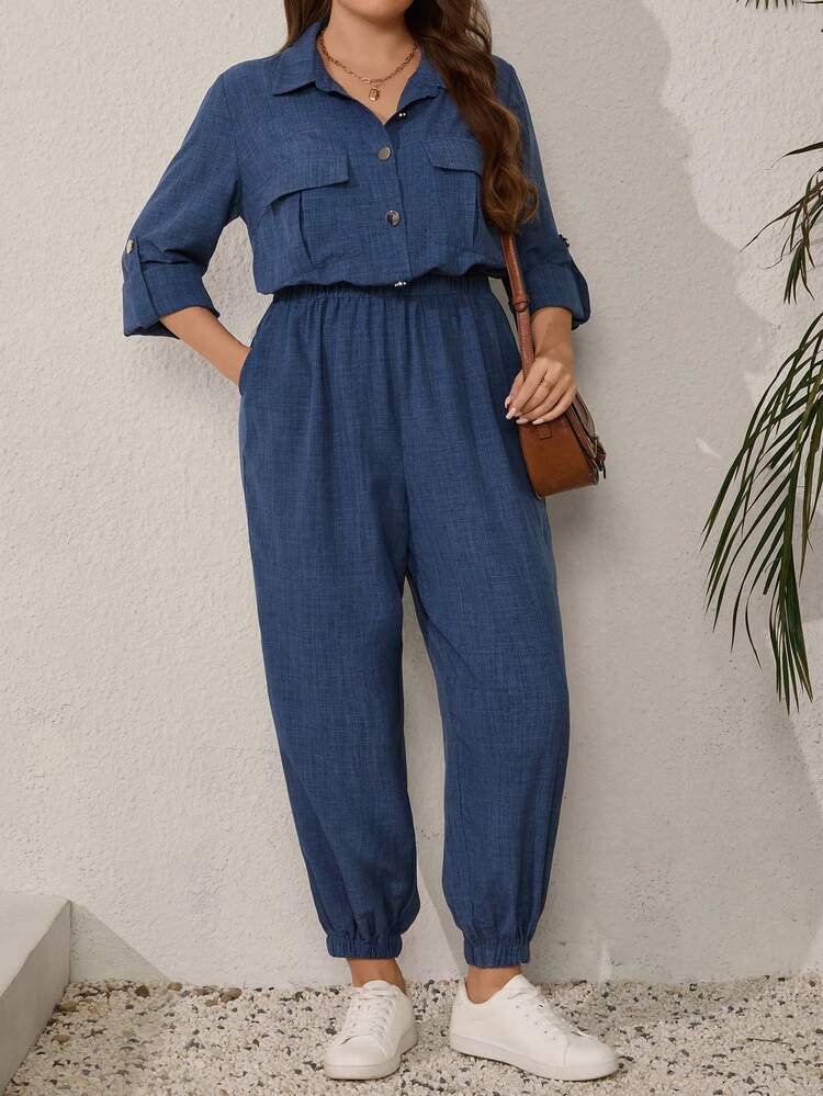 Plus Size Solid Color Drop Shoulder Casual Front Button Waist Jumpsuit Winter Outfit For Women Christmas Outfit For Women New Year Clothes Elegant Jumpsuit For Women Casual Jumpsuit Valentine's Day, Mother Clothing, Comfortable And Casual Long Sleeve Jumpsuits For Woman Beach Outfit Spring Break Outfits  Holiday Outfits For Women