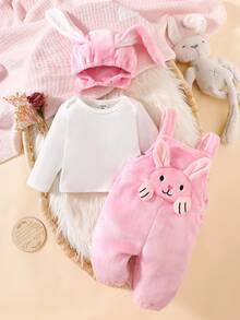 Newborn Baby Cute Rabbit Shaped Outfit Set, Includes Overalls, Long Pants, And Long Sleeve T-Shirt