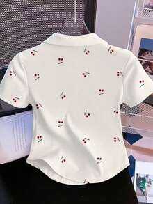 Resyla Cherry Print V-Neck Short Sleeve Casual Women T-Shirts - White - View 2