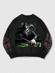 ROMWE MEN Street Life Men's Fashion Street Pullover Sweatshirt With Dark Joker, Billiards And Letter Print - Black - View 1