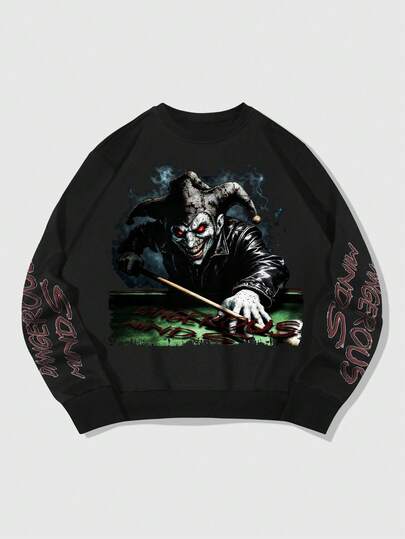Street Life Felpa casual da uomo con stampa di Joker scuro, biliardo e lettera, stile urban