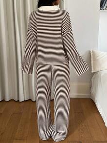 Siren Gaze Women's 2pcs Set Loose Striped V-Neck Drop Shoulder Long Sleeve T-Shirt &Elastic Waist Striped Pants, Winter Sweater Suit ,Autumn/Winter, Casual Sets For Women, New Year Clothes, Christmas Pajamas Family, Brown,,, Long Sleeve Two Piece Set,, Two Piece Set Women Comfy Spring - Brown - View 2