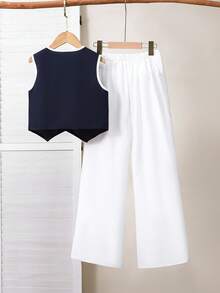 SHEIN 两件套女童优雅休闲套装：黑色背心，饰有白色蝴蝶结，搭配白色西装裤 - 藏蓝色 - 查看 2