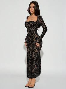 SHEIN PETITE 女士新款夏季派对约会晚宴性感S型蕾丝长袖罩杯鱼骨方领紧身黑色长裙舞会礼服，锐舞派对节服 - 黑色 - 查看 6