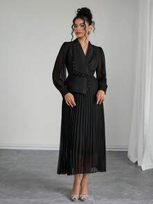 Rafferiza Women's Elegant Pleated Long Sleeve Dress - Black - View 3
