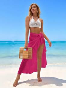 Swim Vcay Solid Color Ruffle Hem Slit Up To Thigh Skirt Coverup - Hot Pink - View 5