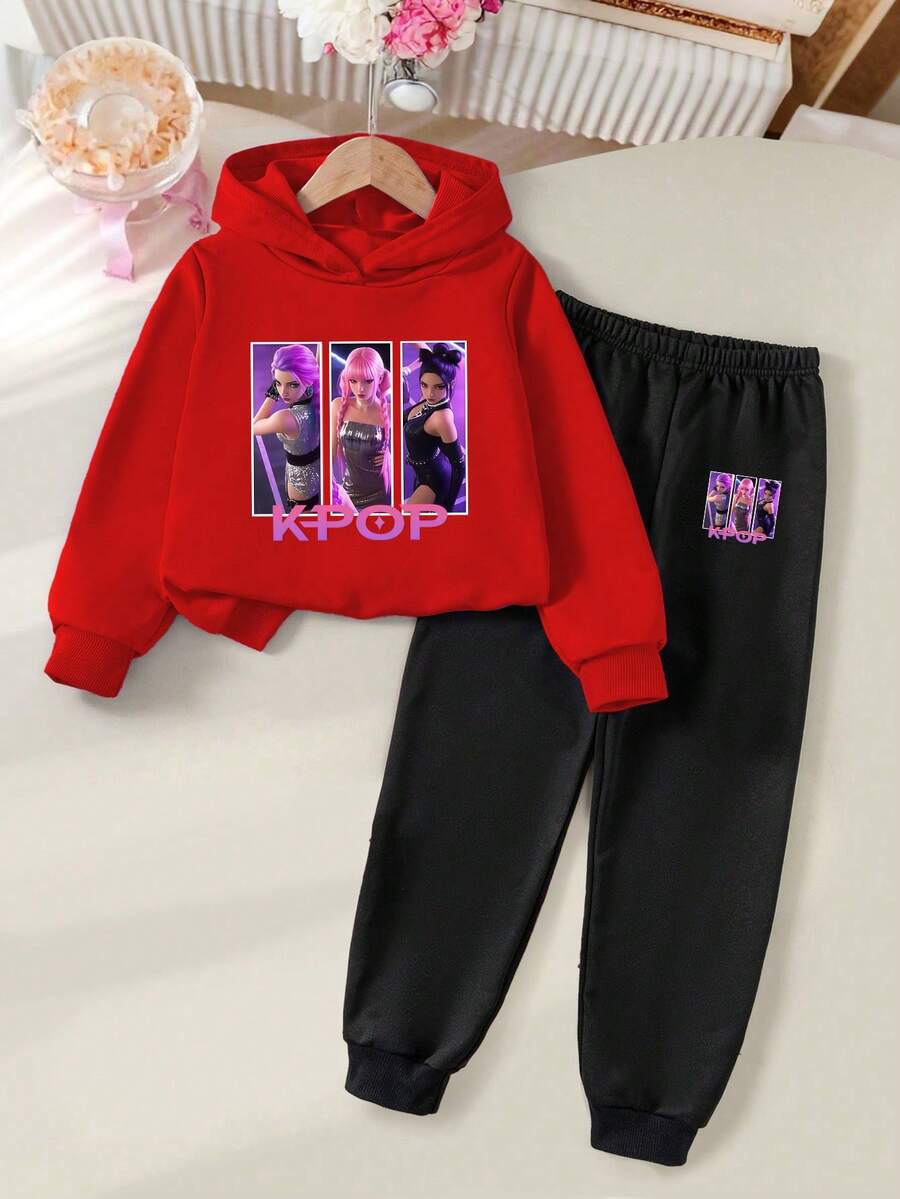 1 Set Young Girls' Cartoon Cute K-POP Girl Graphic & Letter Print Hoodie And Sweatpants Set, Suitable For Autumn/Winter Outfits, Red Hoodie And Black Sweatpants K-POP Outfit - Multicolor - View 1