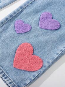 SHEIN ChillGRL Tween Girl Oversized Vintage-Style Multicolor Embroidered Academy Casual Relaxed Fit Comfortable Washed Light Blue Denim Wide Leg Pants Summer Holiday - Light Wash - View 3