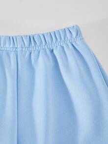 SHEIN ChillGRL Streecool 年轻女孩休闲学院风年轻女孩百搭小标志连帽宽松拉链运动衫和阔腿运动裤套装，适合休闲和运动 - 淺藍色 - 查看 5