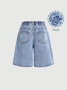 SHEIN ChillGRL Tween Girl' Y2K Streetwear Chic Acid Washed Distressed Blue Star Embroidery Elastic Waist Loose Denim Shorts, School, Campus, College - Light Wash - View 2