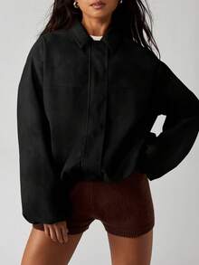 MISSGUIDED Áo khoác bomber da lộn cỡ lớn có nút cài phía trước cho mùa thu đông - màu đen - Xem 5