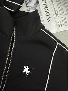 Resyla 女士休闲度假马匹印花撞色条纹领拉链连帽衫套装 - 黑色 - 查看 5