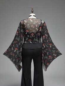 ROMWE Fairycore Vintage Mushroom, Floral & Mesh Print Front Twist Knot Plus Size Women Flare Sleeve Top - Multicolor - View 2