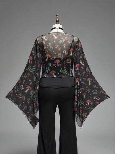 Fairycore Blusa de manga acampanada con estampado vintage de setas, flores y malla con nudo delantero para mujer talla grande