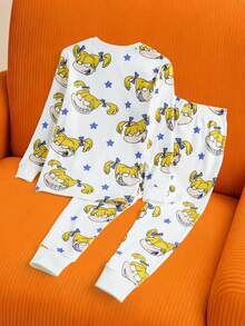 Nick 90s | SHEIN 少女卡通图案白色可爱休闲舒适长袖T恤和打底裤睡衣套装