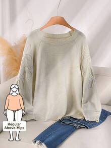CosyJoli Plus Size Women Casual Solid Color Floral Pattern Raglan Sleeve Pullover Sweater, Autumn Pullover Sweater Women Puff Sleeve Sweater Embroidered Sweater Women Sweater Women Jumper - Apricot - View 1