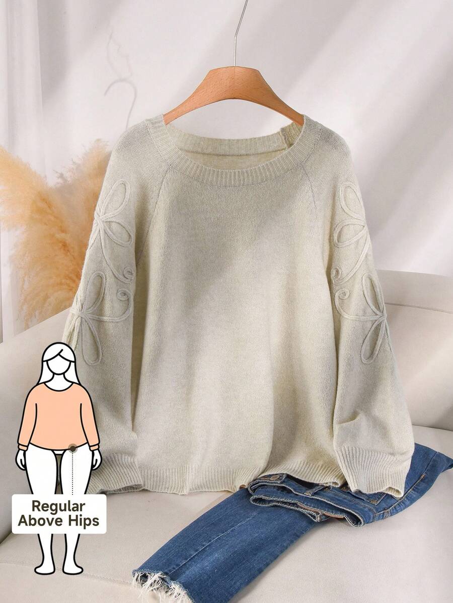 CosyJoli Plus Size Women Casual Solid Color Floral Pattern Raglan Sleeve Pullover Sweater, Autumn Pullover Sweater Women Puff Sleeve Sweater Embroidered Sweater Women Sweater Women Jumper - Apricot - View 1