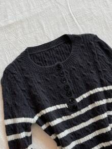 SHEIN Unity Contrast Color Vintage Striped Women Long Sleeve Sweater - Multicolor - View 3