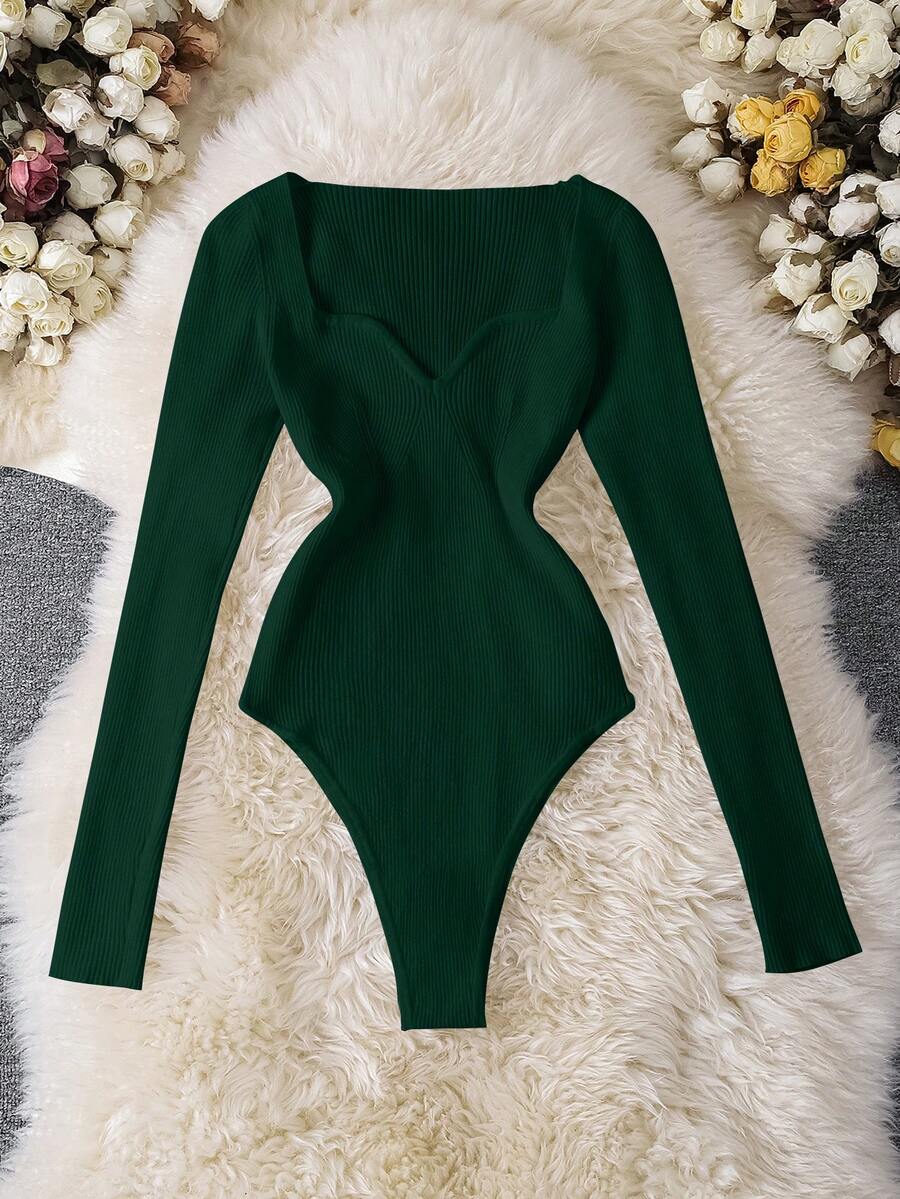 Resyla Bộ đồ liền thân dài tay có gân màu trơn dành cho nữ - màu xanh lá - Xem 1