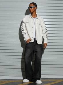 PAVTROS Slim-Fit Floral Print Denim Jacket, Cream White, Autumn/Winter Men White Denim Graphic Jacket Men Graphic Print Jacket Men Graphic Jacket - Beige - View 4