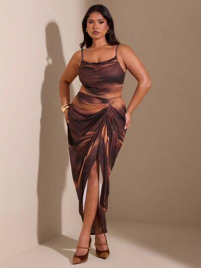 SHEIN BAE Plus Size Women Multicolor Knit Printed Loose Neck Dress,Suitable For Dates, Parties, Back-To-School, And Birthday Parties., Plus Size Brown Dress, Curvy Dress, Curve Sexy Dress, Curve Skirt