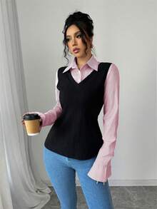 Elenzga Women's Casual Contrast Striped Long Sleeve Regular Top, Autumn - Baby Pink - View 3