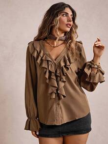 Freevana Áo sơ mi trơn màu trơn cỡ lớn viền bèo nhún - Màu Khaki - Xem 3