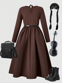 SHEIN ChillGRL Gaun Gaya Preppy Lengan Panjang Berlipit dengan Kerah Warna Kontras untuk Anak Perempuan Remaja - Mocha Brown - View 2