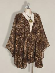 SHEIN ICON Plus Size Retro Casual Vacation Sexy Avant-Garde Fashion Bold Individual Modern Urban Deep V-Neck Loose Skirt Cover-Up Leopard Print Brown Chiffon Dress