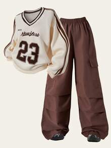 SHEIN Explorewe Tween 女童休闲卫衣套装，胸前字母印花，罗纹领，裤子两侧有口袋，适合秋冬季外出、散步、购物、通勤，可搭配夹克、外套