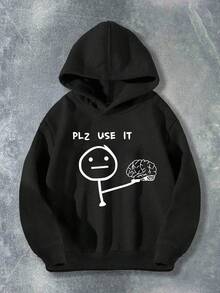 SHEIN 大童黑色长袖连帽衫，休闲时尚创意简约卡通火柴棒图案字母印花套头衫 - 黑色 - 查看 1