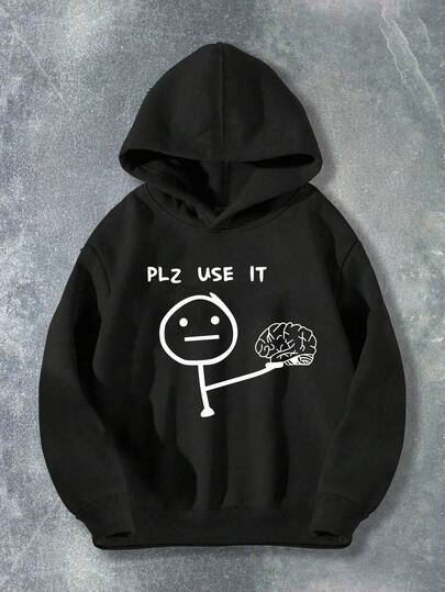 SHEIN Svart långärmad huvtröja för äldre pojkar, avslappnad mode, kreativ enkel tecknad tändsticksgrafik med bokstäver