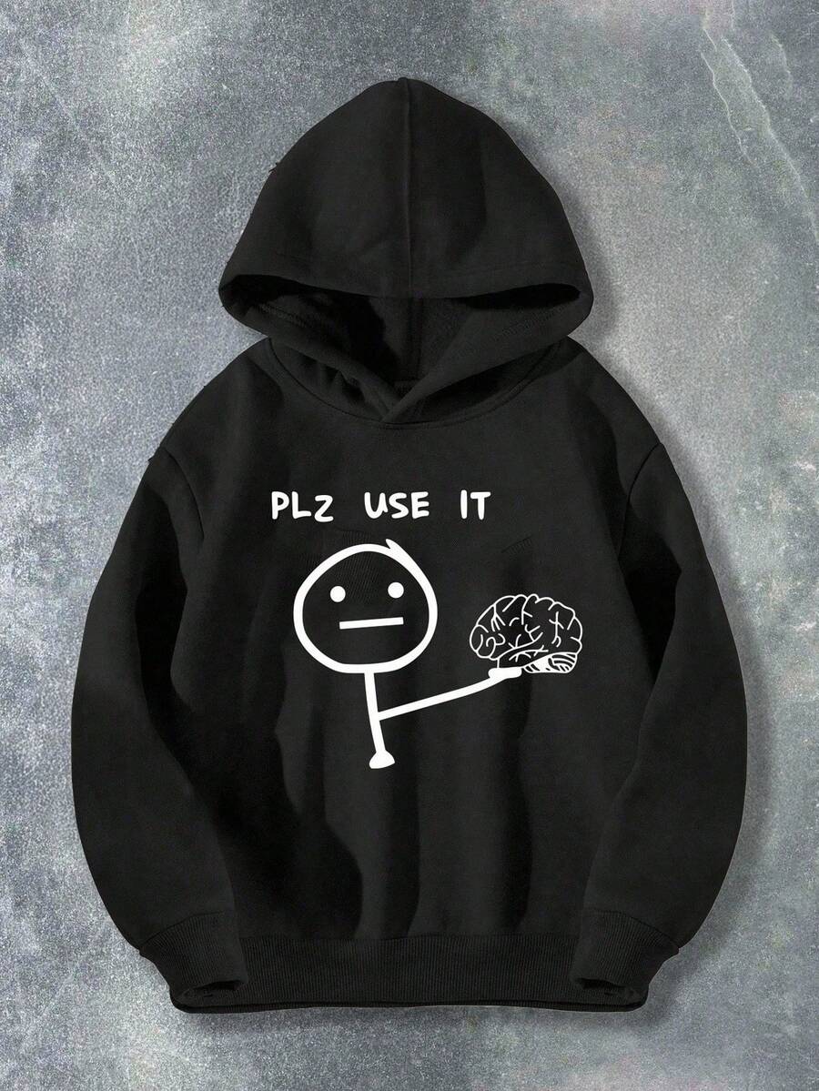 SHEIN 大童黑色长袖连帽衫，休闲时尚创意简约卡通火柴棒图案字母印花套头衫 - 黑色 - 查看 1