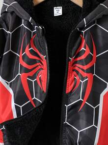 SHEIN Fantacosmos Young Boy Street Style Spider Web & Spider Print Fluffy Thermal Lined Hooded Thick Jacket, Suitable For Cold Autumn/Winter Seasons