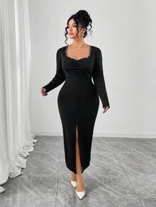 SHEIN PETITE CURVE 大码纯色简约日常珍珠装饰开衩下摆连衣裙 - 黑色 - 查看 5
