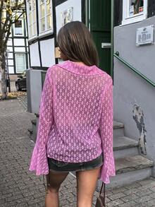 Chiquease Blusa Feminina de Manga Longa com Botões e Mangas Sino em Tela - Rosa chiclete - Visão 2