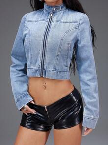 Bloopia Fashionable Casual Women Zip-Up Cropped Denim Jacket - Blue - View 4