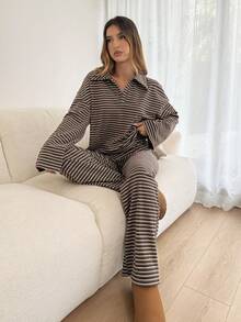 Siren Gaze Women's 2pcs Set Loose Striped V-Neck Drop Shoulder Long Sleeve T-Shirt &Elastic Waist Striped Pants, Winter Sweater Suit ,Autumn/Winter, Brown, Casual Sets For Women, New Year Clothes, Christmas Pajamas, New Year Pajamas, Family Christmas Matching Pajamas Set, Casual Sets For Women Brown Two Piece Set Women Spring - Brown - View 7